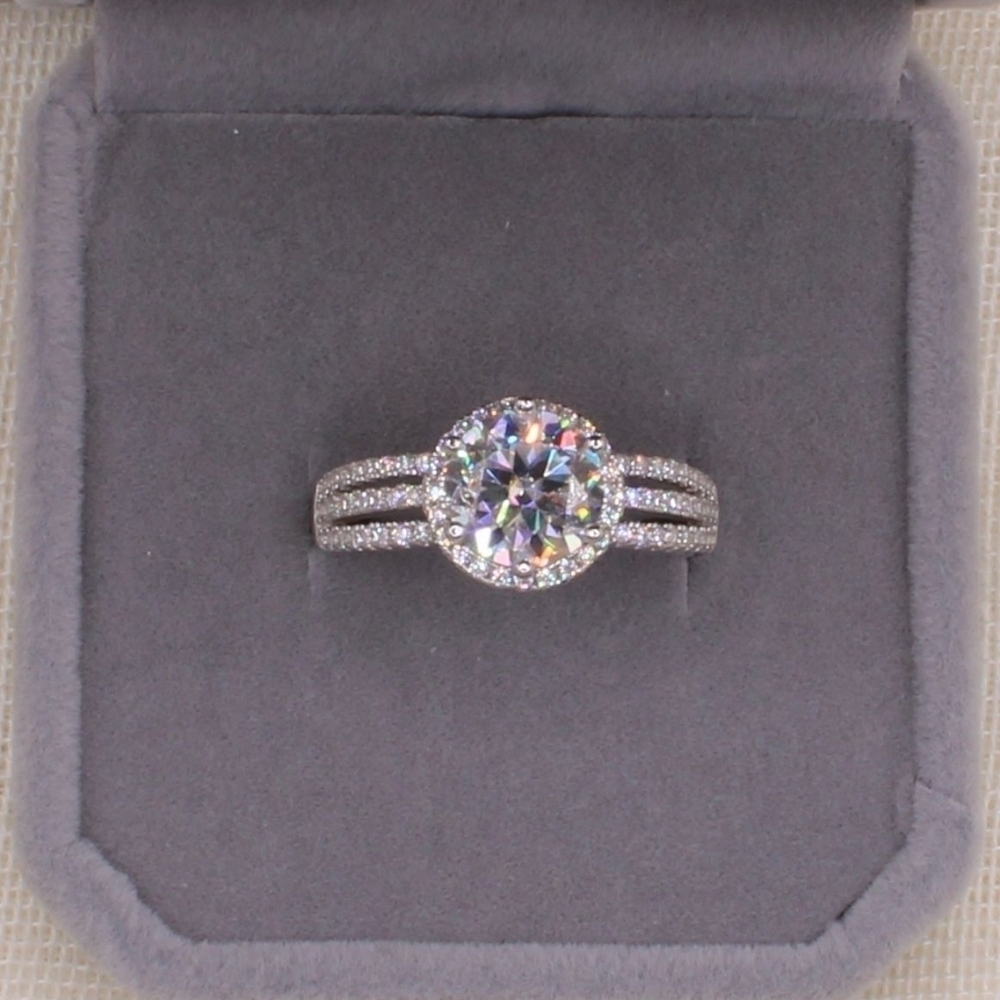 2 Carat Round Moissanite Platinum and Rhodium Plated 925 Silver Ring